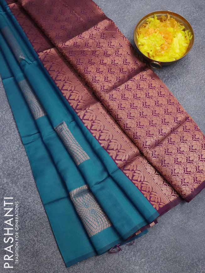 Semi soft silk saree cs blue and deep purple with copper zari woven box type buttas in borderless style - {{ collection.title }} by Prashanti Sarees