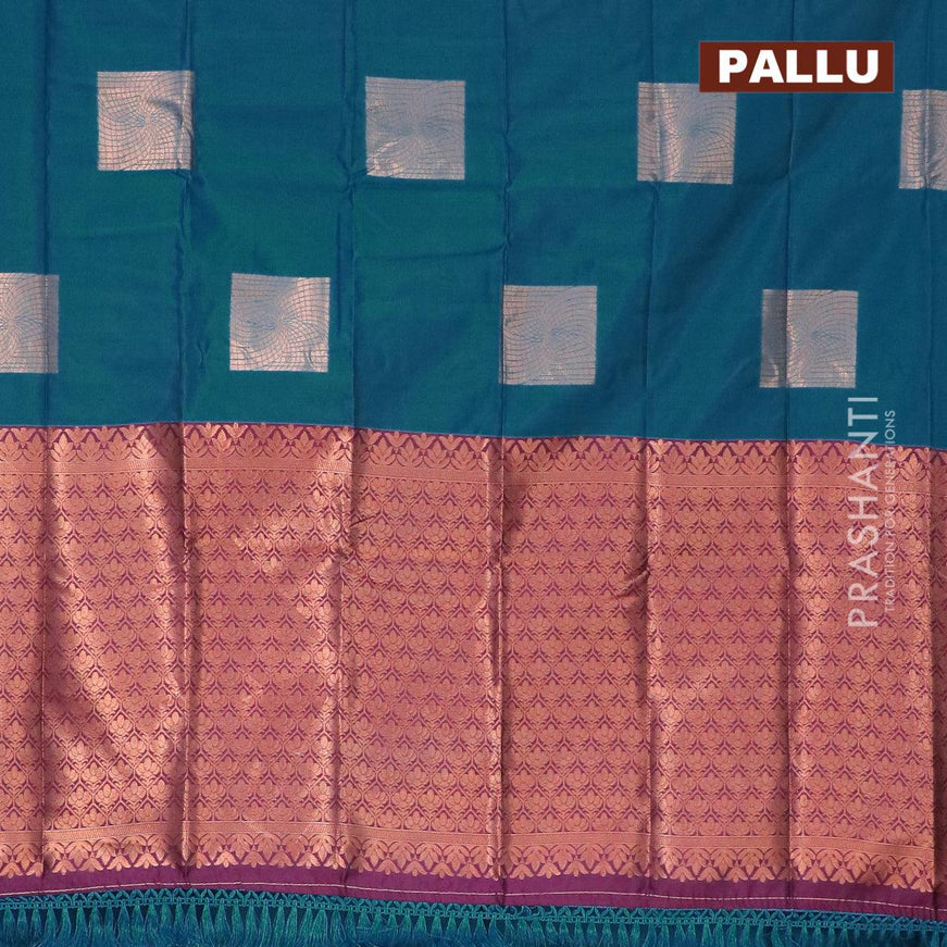Semi soft silk saree cs blue and deep purple with copper zari woven box type buttas in borderless style - {{ collection.title }} by Prashanti Sarees
