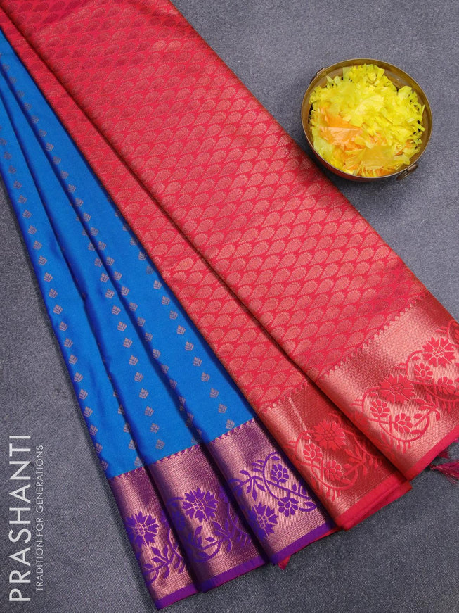 Semi soft silk saree cs blue and dual shade of pinkish orange with allover copper zari woven butta weaves and copper zari woven border - {{ collection.title }} by Prashanti Sarees