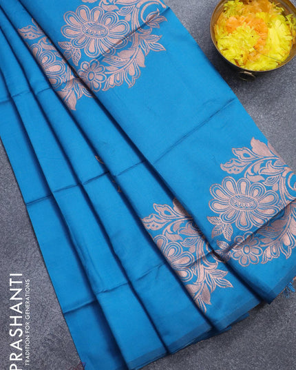 Semi soft silk saree cs blue with zari woven floral buttas in borderless style - {{ collection.title }} by Prashanti Sarees