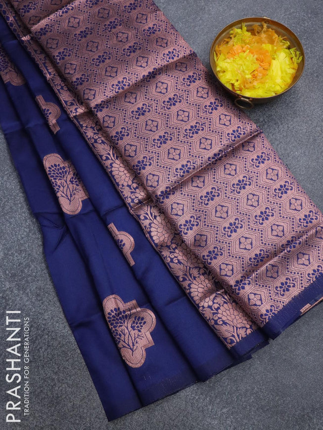 Semi soft silk saree dark blue with thread & zari woven buttas in borderless style - {{ collection.title }} by Prashanti Sarees