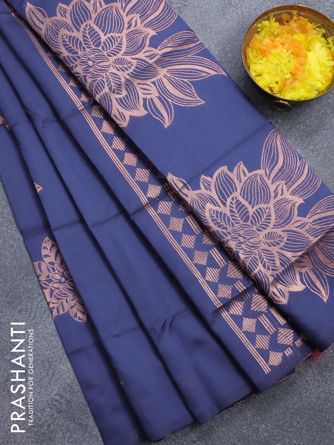Semi soft silk saree dark blue with zari woven floral buttas in borderless style - {{ collection.title }} by Prashanti Sarees