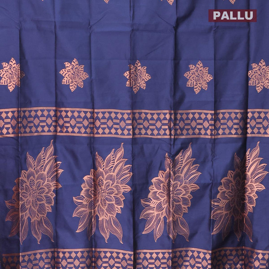 Semi soft silk saree dark blue with zari woven floral buttas in borderless style - {{ collection.title }} by Prashanti Sarees