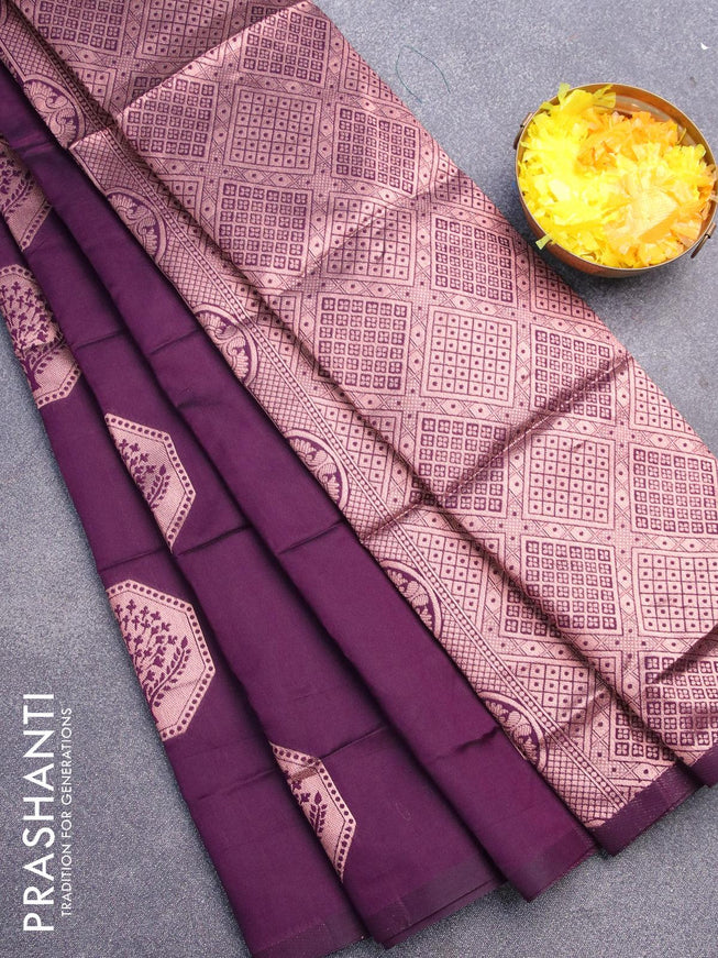 Semi soft silk saree deep purple with copper zari woven tree buttas in borderless style - {{ collection.title }} by Prashanti Sarees
