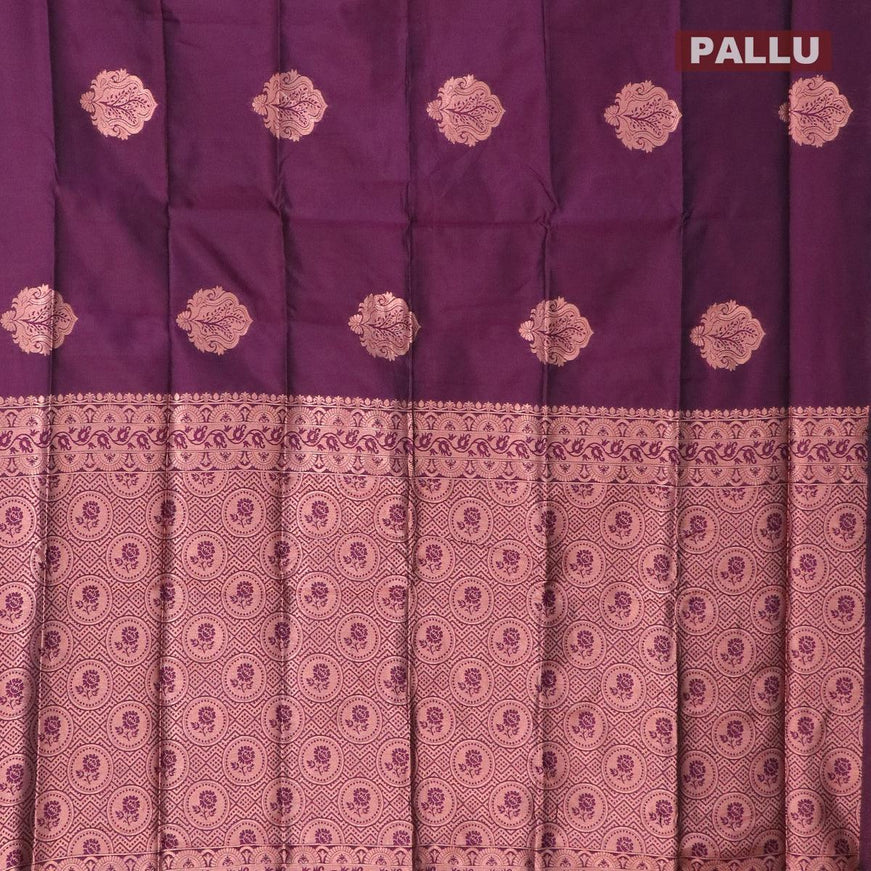 Semi soft silk saree deep purple with thread & zari woven buttas in borderless style - {{ collection.title }} by Prashanti Sarees