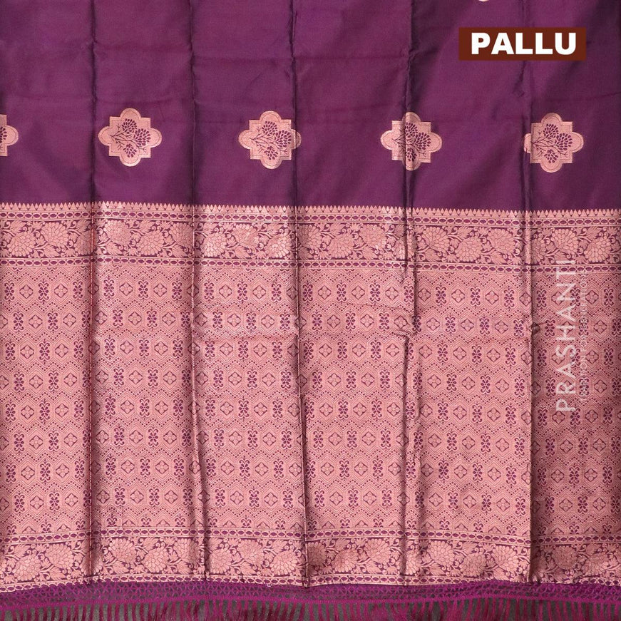 Semi soft silk saree deep purple with thread & zari woven buttas in borderless style - {{ collection.title }} by Prashanti Sarees