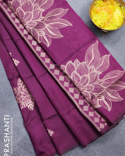 Semi soft silk saree deep purple with zari woven floral buttas in borderless style - {{ collection.title }} by Prashanti Sarees