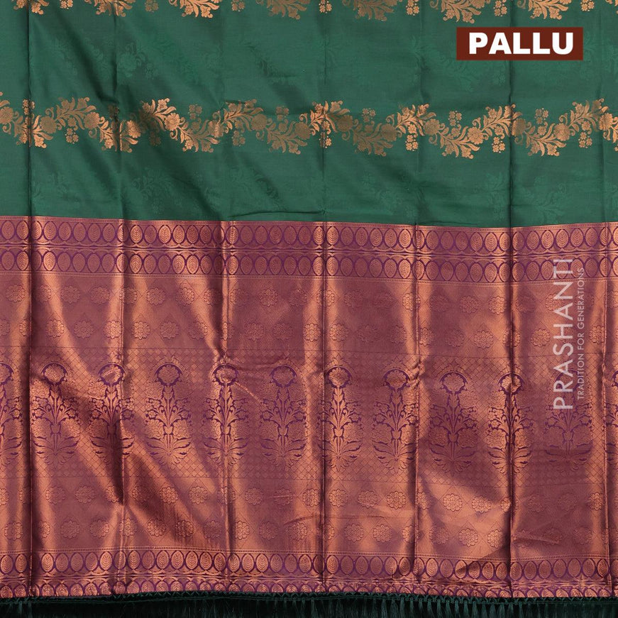 Semi soft silk saree green and deep purple with allover self emboss & zari weaves in borderless style - {{ collection.title }} by Prashanti Sarees