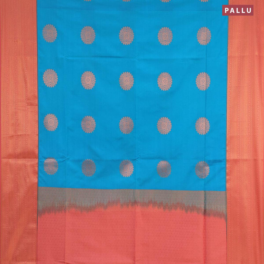 Semi soft silk saree light blue and peach pink with copper zari woven buttas and copper zari woven border - {{ collection.title }} by Prashanti Sarees