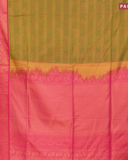 Semi soft silk saree mehendi green and pink with allover copper zari woven brocade weaves and copper zari woven border - {{ collection.title }} by Prashanti Sarees