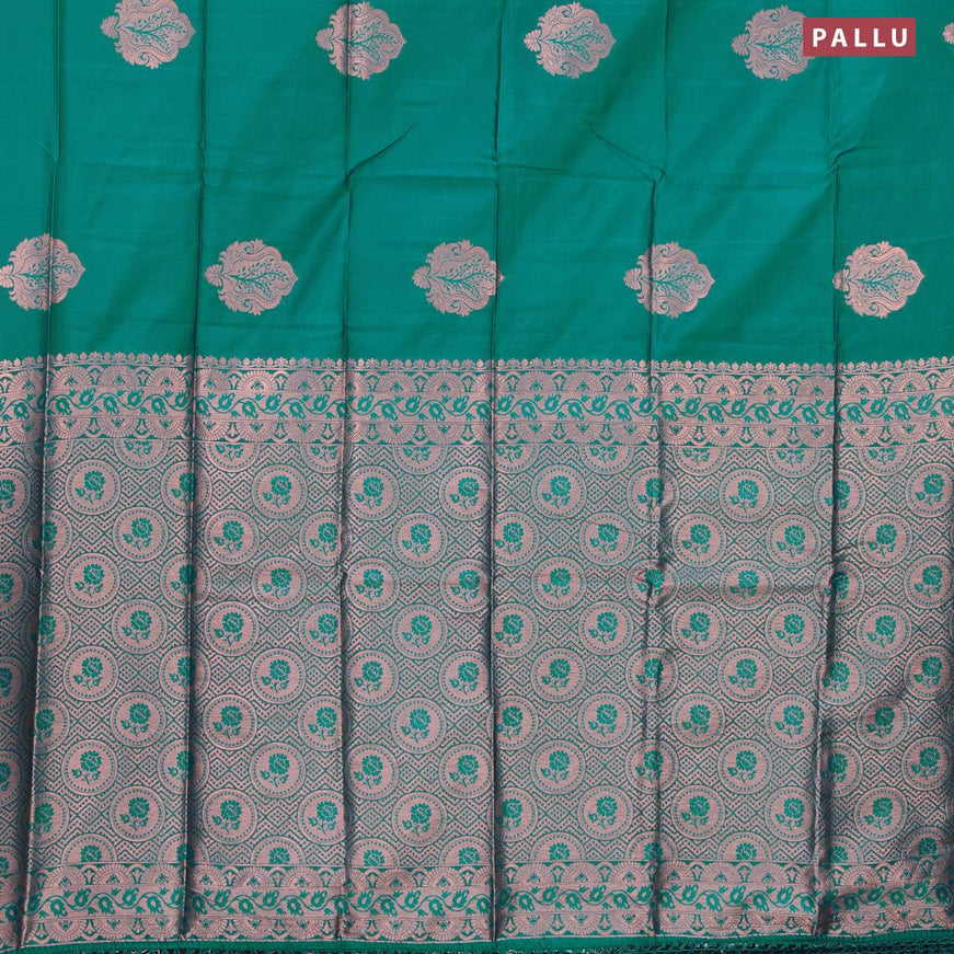 Semi soft silk saree teal blue shade with thread & zari woven buttas in borderless style - {{ collection.title }} by Prashanti Sarees