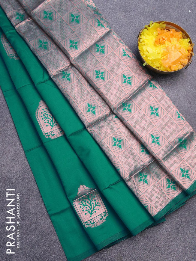 Semi soft silk saree teal blue with copper zari woven buttas in borderless style - {{ collection.title }} by Prashanti Sarees