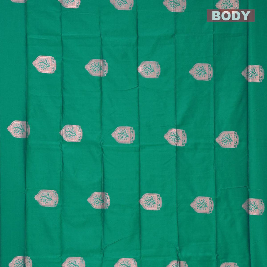 Semi soft silk saree teal blue with copper zari woven buttas in borderless style - {{ collection.title }} by Prashanti Sarees