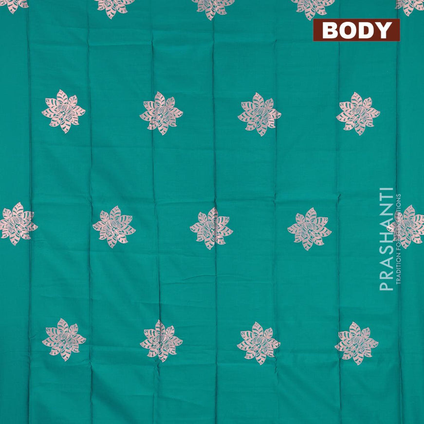 Semi soft silk saree teal blue with zari woven floral buttas in borderless style - {{ collection.title }} by Prashanti Sarees
