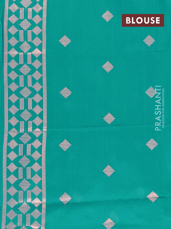 Semi soft silk saree teal blue with zari woven floral buttas in borderless style - {{ collection.title }} by Prashanti Sarees