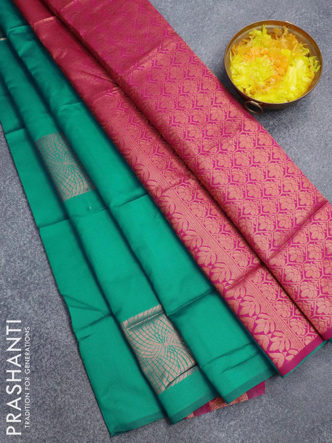 Semi soft silk saree teal green and pink with copper zari woven box type buttas in borderless style - {{ collection.title }} by Prashanti Sarees