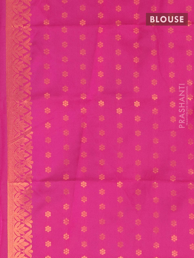 Semi soft silk saree teal green and pink with copper zari woven box type buttas in borderless style - {{ collection.title }} by Prashanti Sarees