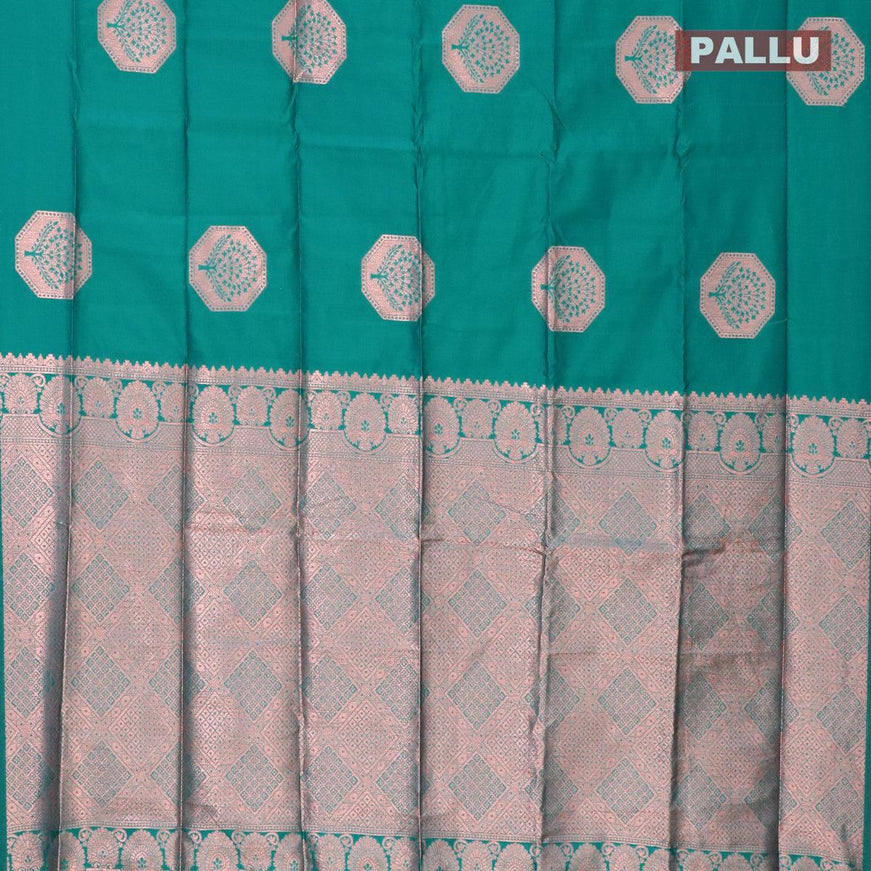 Semi soft silk saree teal green with copper zari woven tree buttas in borderless style - {{ collection.title }} by Prashanti Sarees