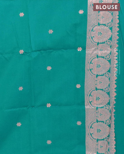 Semi soft silk saree teal green with copper zari woven tree buttas in borderless style - {{ collection.title }} by Prashanti Sarees