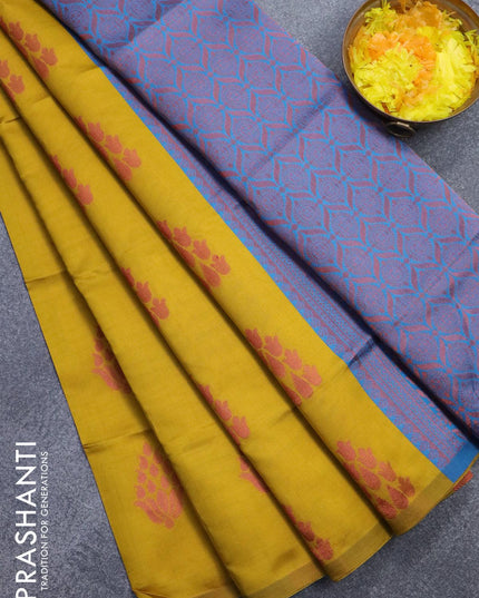 Semi soft silk saree yellow and cs blue with thread woven buttas in borderless style - {{ collection.title }} by Prashanti Sarees