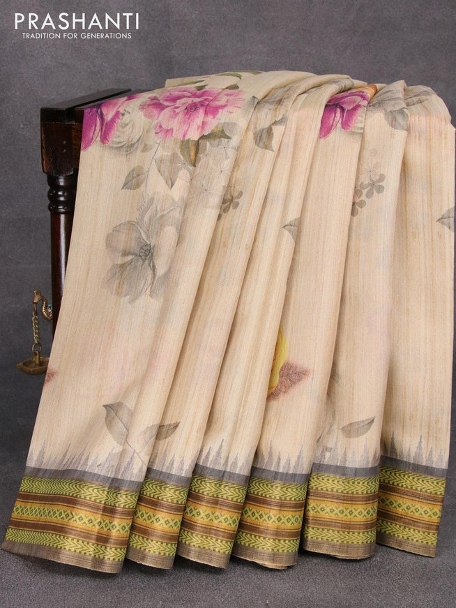 Semi tussar dupion saree beige and black with allover floral prints and vidarbha style border - ZVH0816-4 - {{ collection.title }} by Prashanti Sarees