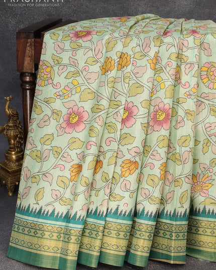 Semi tussar dupion saree green shade and green with allover floral prints and vidarbha style border - ZVH0831-6 - {{ collection.title }} by Prashanti Sarees