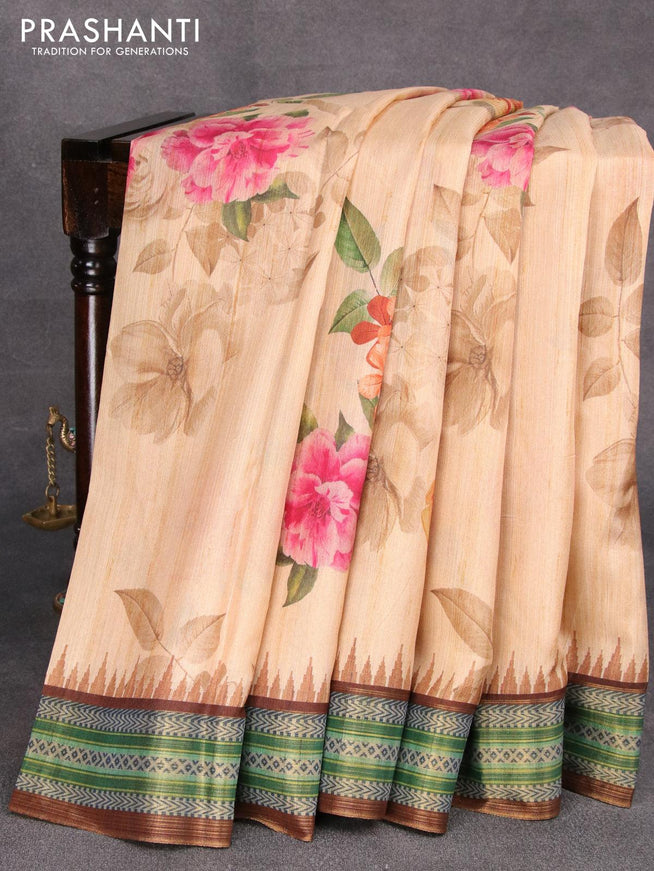 Semi tussar dupion saree sandal and brown with allover floral prints and vidarbha style border - ZVH0816-6 - {{ collection.title }} by Prashanti Sarees