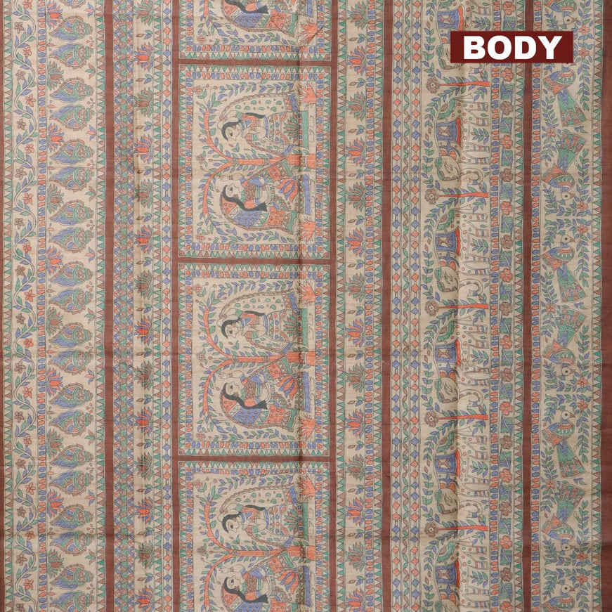 Semi tussar saree beige and brown with allover madhubani prints and madhubani printed border - {{ collection.title }} by Prashanti Sarees