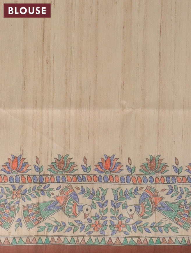 Semi tussar saree beige and brown with allover madhubani prints and madhubani printed border - {{ collection.title }} by Prashanti Sarees