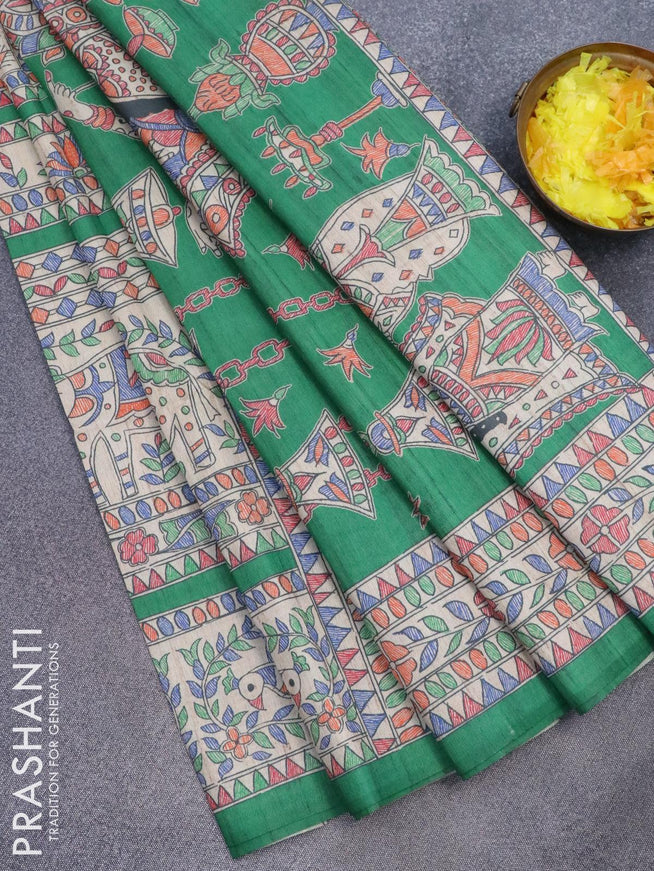 Semi tussar saree beige and green with allover madhubani prints and madhubani printed border - {{ collection.title }} by Prashanti Sarees