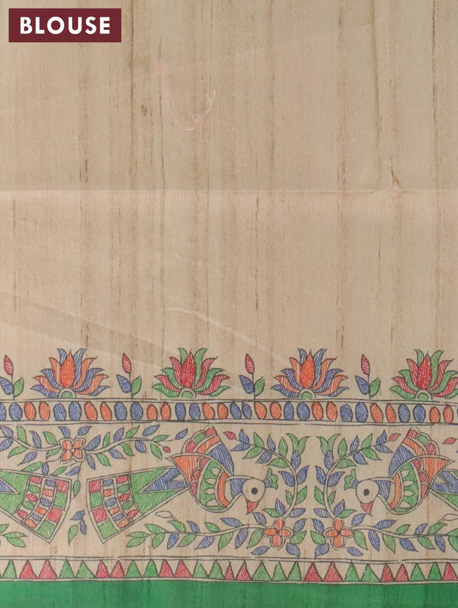 Semi tussar saree beige and green with allover madhubani prints and madhubani printed border - {{ collection.title }} by Prashanti Sarees