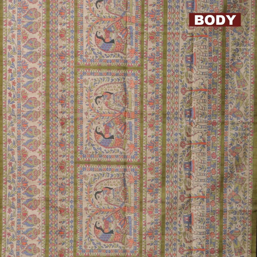 Semi tussar saree beige and mehendi green with allover madhubani prints and madhubani printed border - {{ collection.title }} by Prashanti Sarees
