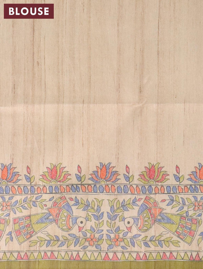 Semi tussar saree beige and mehendi green with allover madhubani prints and madhubani printed border - {{ collection.title }} by Prashanti Sarees