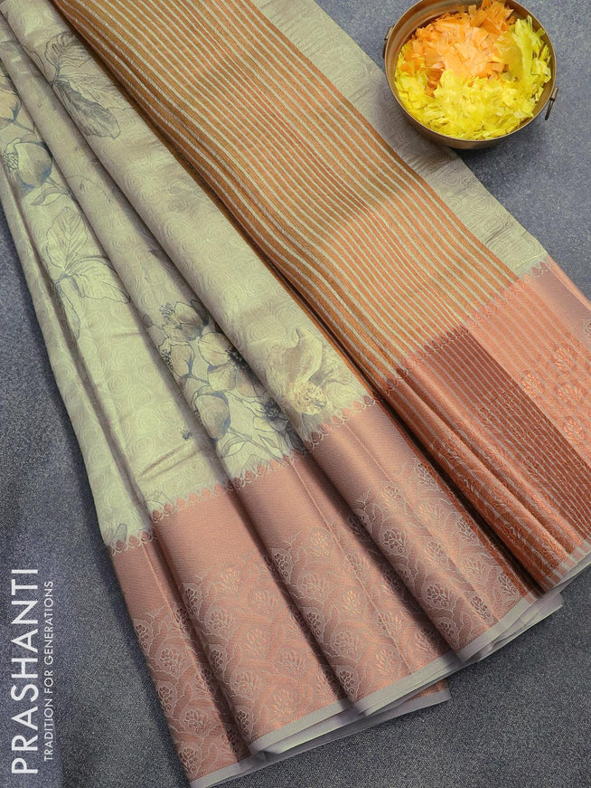 Semi tussar saree beige and pastel grey with allover self emboss & floral digital prints and copper zari woven border - {{ collection.title }} by Prashanti Sarees