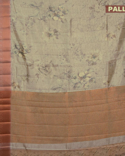 Semi tussar saree beige and pastel grey with allover self emboss & floral digital prints and copper zari woven border - {{ collection.title }} by Prashanti Sarees