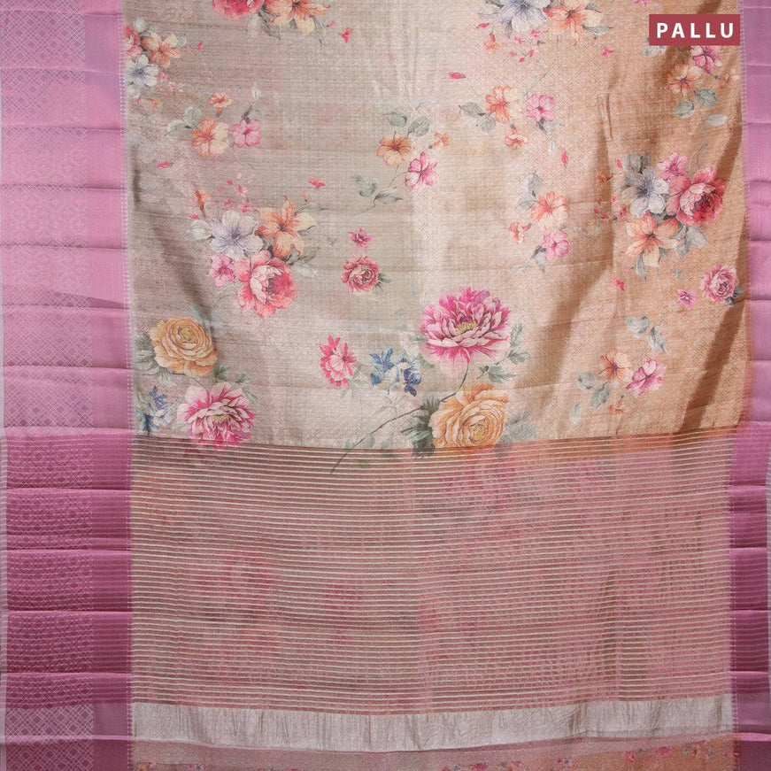 Semi tussar saree beige and pastel grey with allover self emboss & floral digital prints and pink zari woven border - {{ collection.title }} by Prashanti Sarees