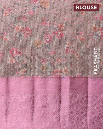 Semi tussar saree beige and pastel grey with allover self emboss & floral digital prints and pink zari woven border - {{ collection.title }} by Prashanti Sarees
