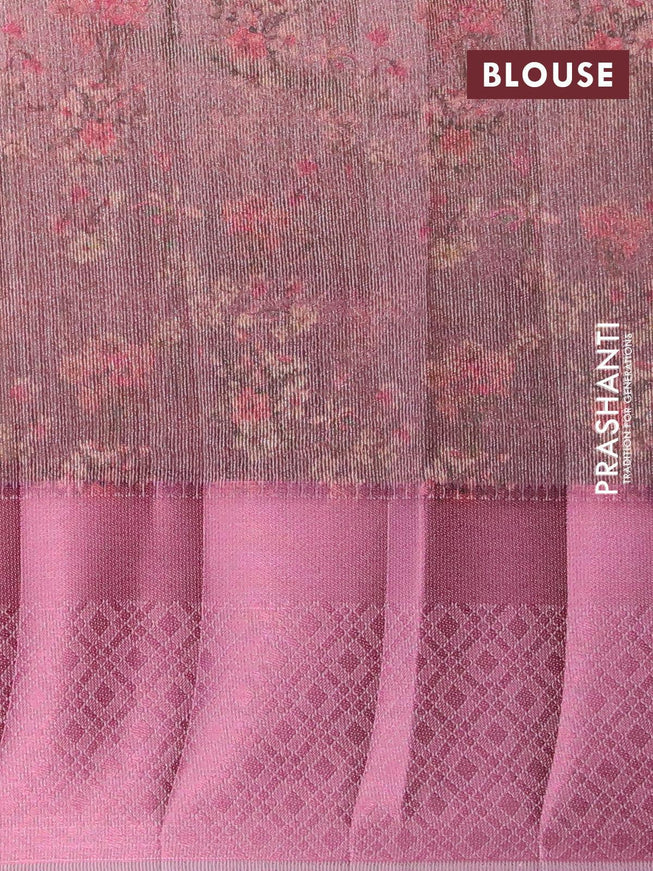 Semi tussar saree beige and pastel pink with allover self emboss & floral digital prints and pink zari woven border - {{ collection.title }} by Prashanti Sarees