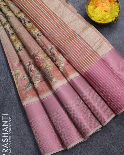 Semi tussar saree beige and sandal with allover self emboss & floral digital prints and pink zari woven border - {{ collection.title }} by Prashanti Sarees