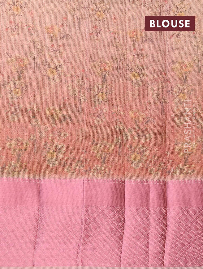 Semi tussar saree beige and sandal with allover self emboss & floral digital prints and pink zari woven border - {{ collection.title }} by Prashanti Sarees