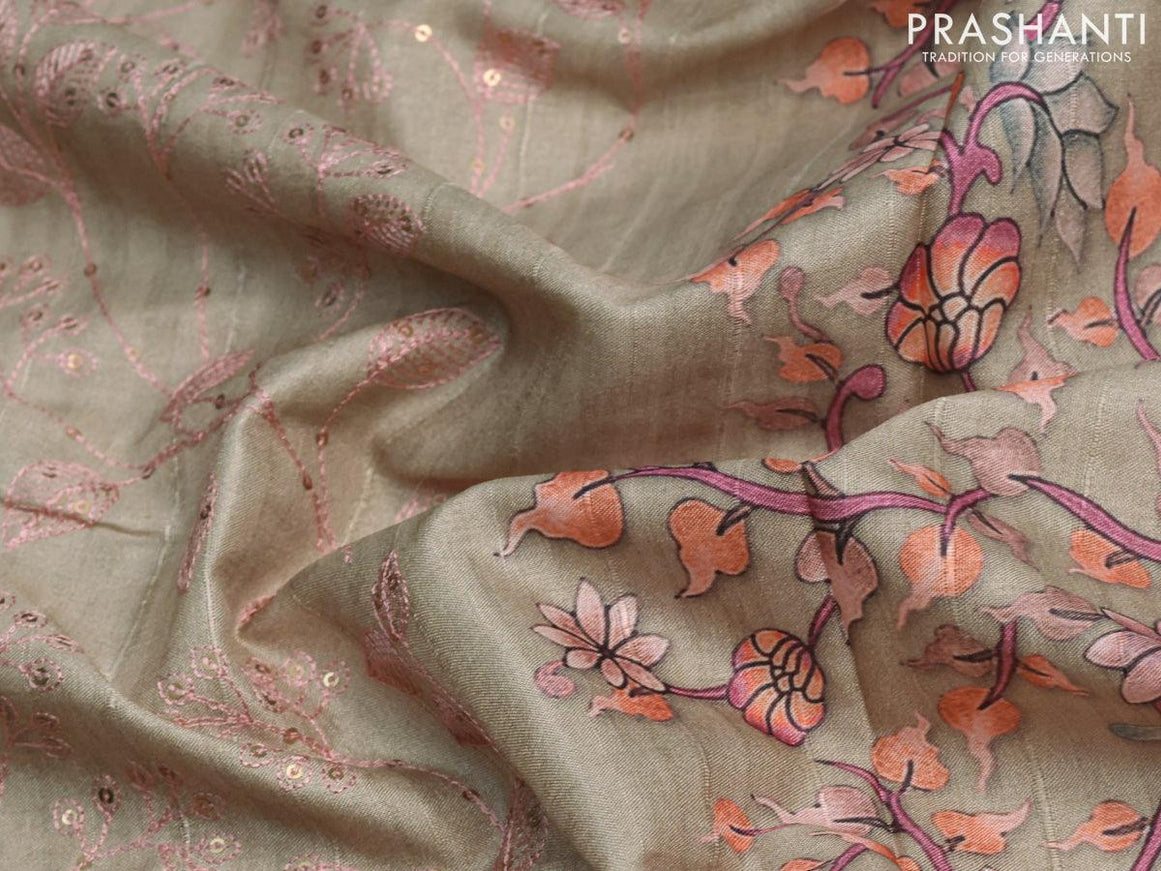 Semi tussar saree beige with allover leaf & floral embroidery sequin work and digital printed border - {{ collection.title }} by Prashanti Sarees