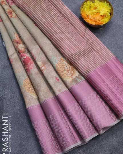 Semi tussar saree beige with allover self emboss & floral digital prints and pink zari woven border - {{ collection.title }} by Prashanti Sarees