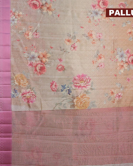 Semi tussar saree beige with allover self emboss & floral digital prints and pink zari woven border - {{ collection.title }} by Prashanti Sarees