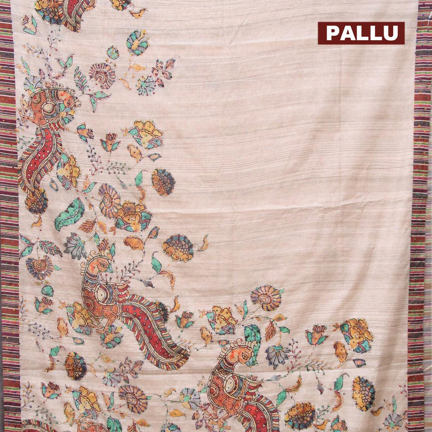 Semi tussar saree beige with kalamkari prints & french knot work and simple border - {{ collection.title }} by Prashanti Sarees