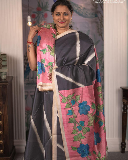 Semi tussar saree black and light pink with allover leheriya prints and kalamkari printed pallu - {{ collection.title }} by Prashanti Sarees
