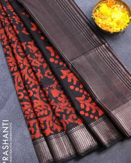 Semi tussar saree black with allover batik prints and zari woven kanjivaram style border - {{ collection.title }} by Prashanti Sarees