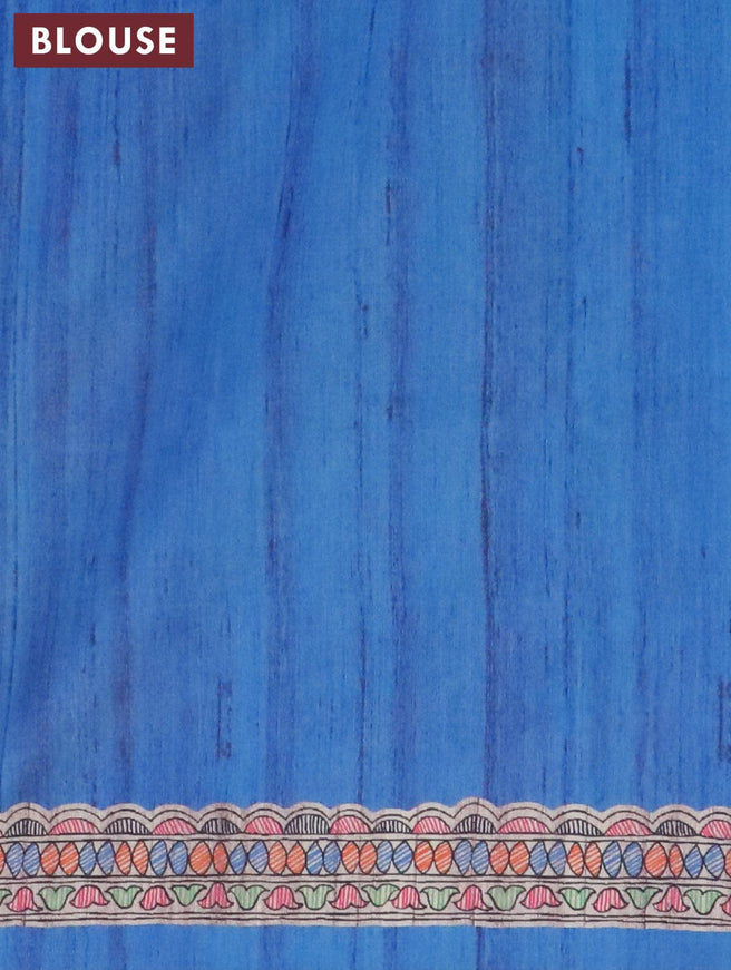 Semi tussar saree blue and beige with madhubani butta prints and madhubani printed border - {{ collection.title }} by Prashanti Sarees