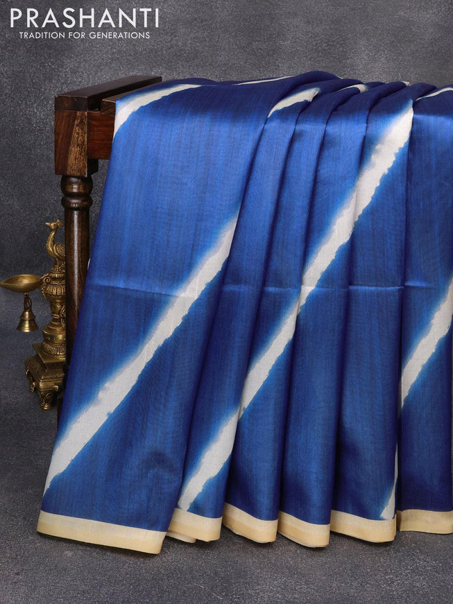 Semi tussar saree blue and pale yellow with allover leheriya prints and kalamkari printed pallu - {{ collection.title }} by Prashanti Sarees
