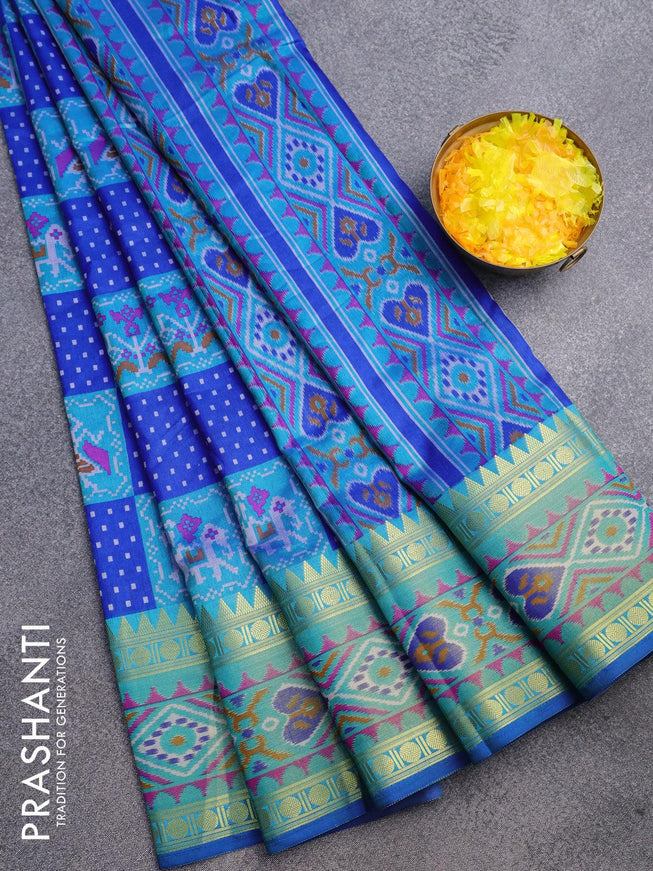 Semi tussar saree blue and teal blue with allover patola prints and zari woven ikat border - {{ collection.title }} by Prashanti Sarees