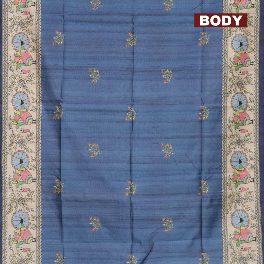 Semi tussar saree blue shade and beige with madhubani butta prints and madhubani printed border - {{ collection.title }} by Prashanti Sarees